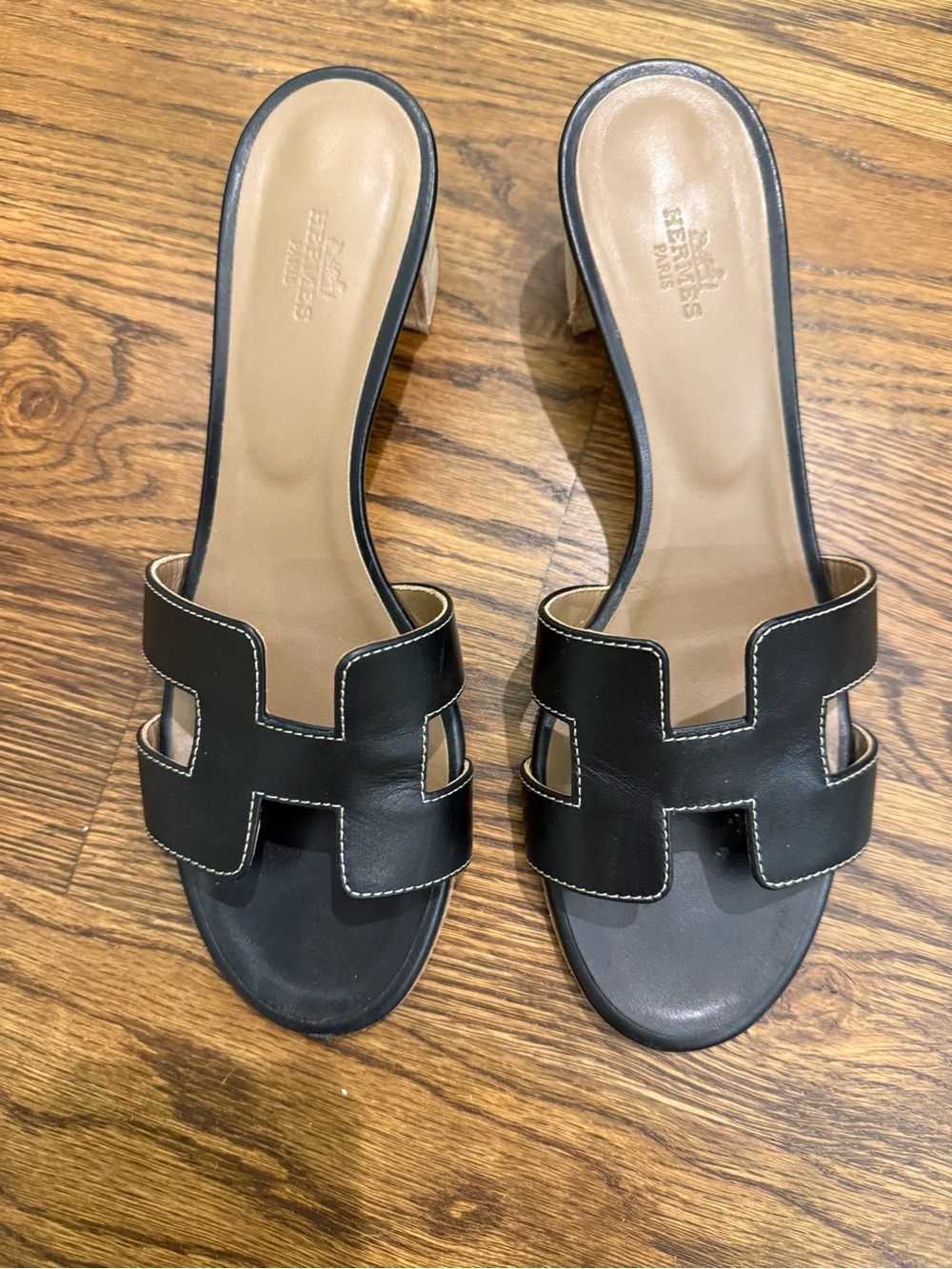 Hermes Black Leather Oasis Slide Sandals
